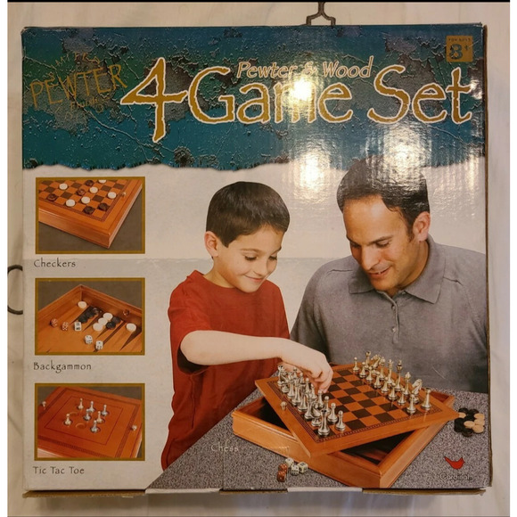 Cardinal 2002 Pewter & Wood 4 Game Set Checkers Backgammon Tic Tac Toe Chess - Picture 3 of 6
